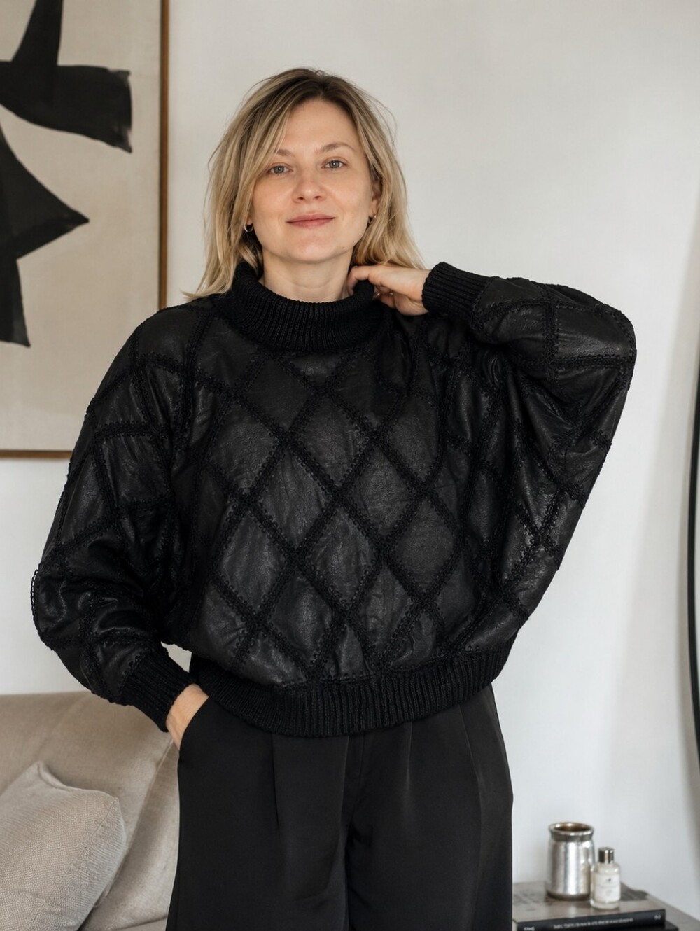 Vintage Black Leather Batwing Sweater | Handmade Artisan Dolman Top M